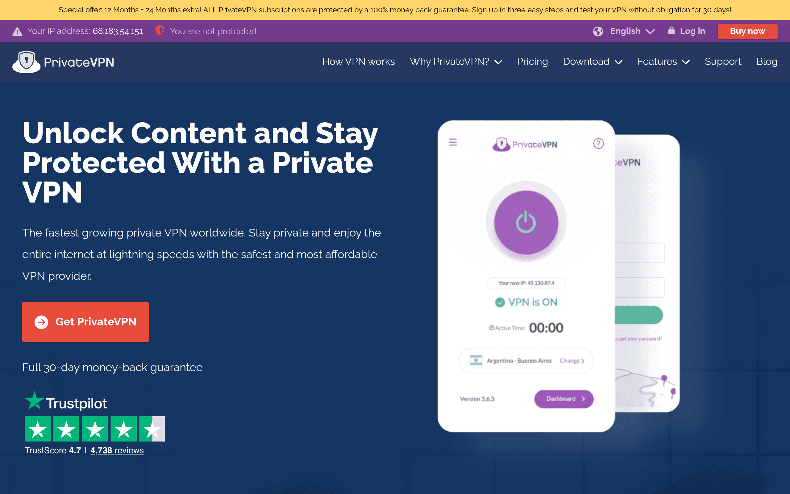 Screenshot of PrivateVPN