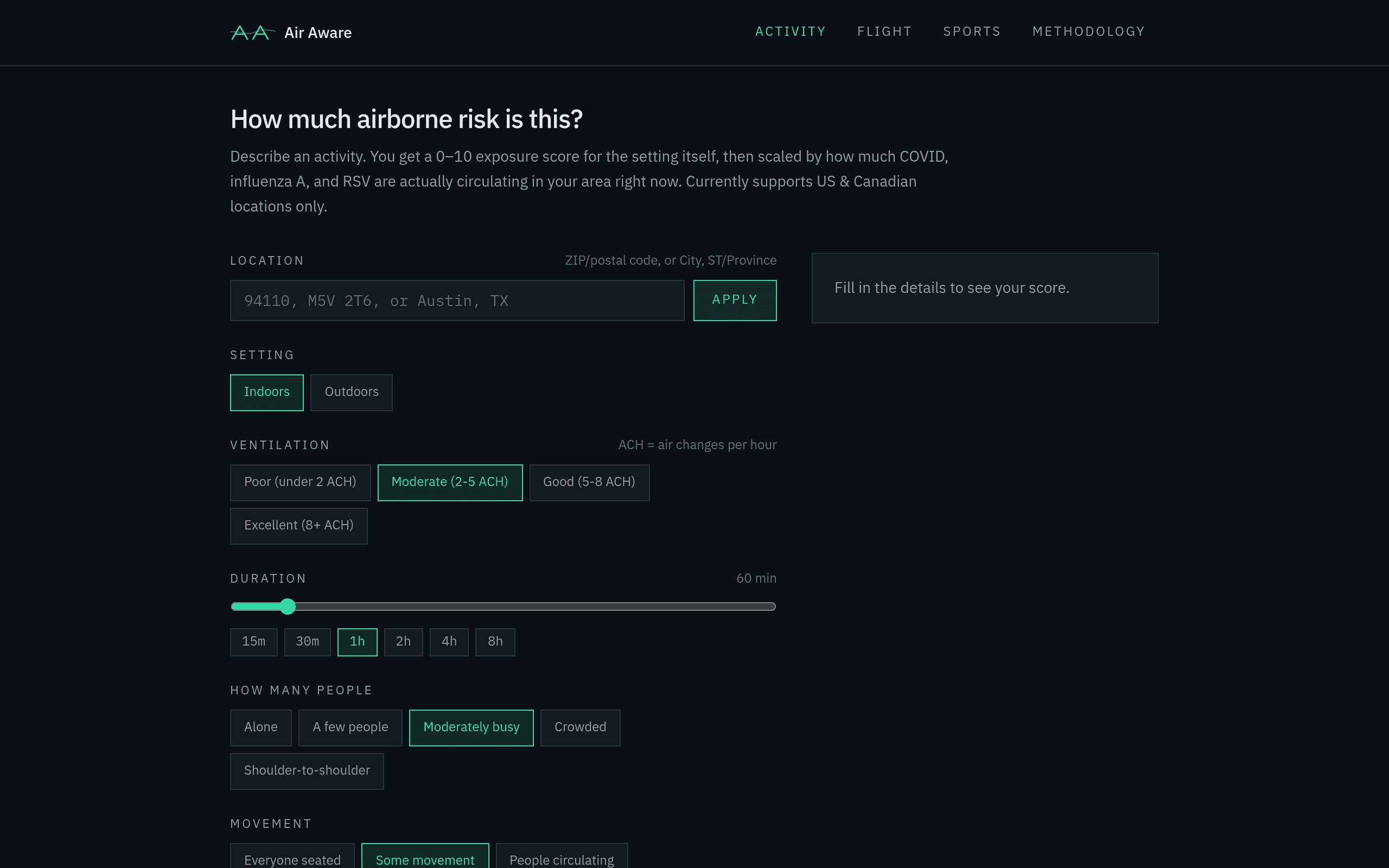 Screenshot of Air Aware Risk Assessment