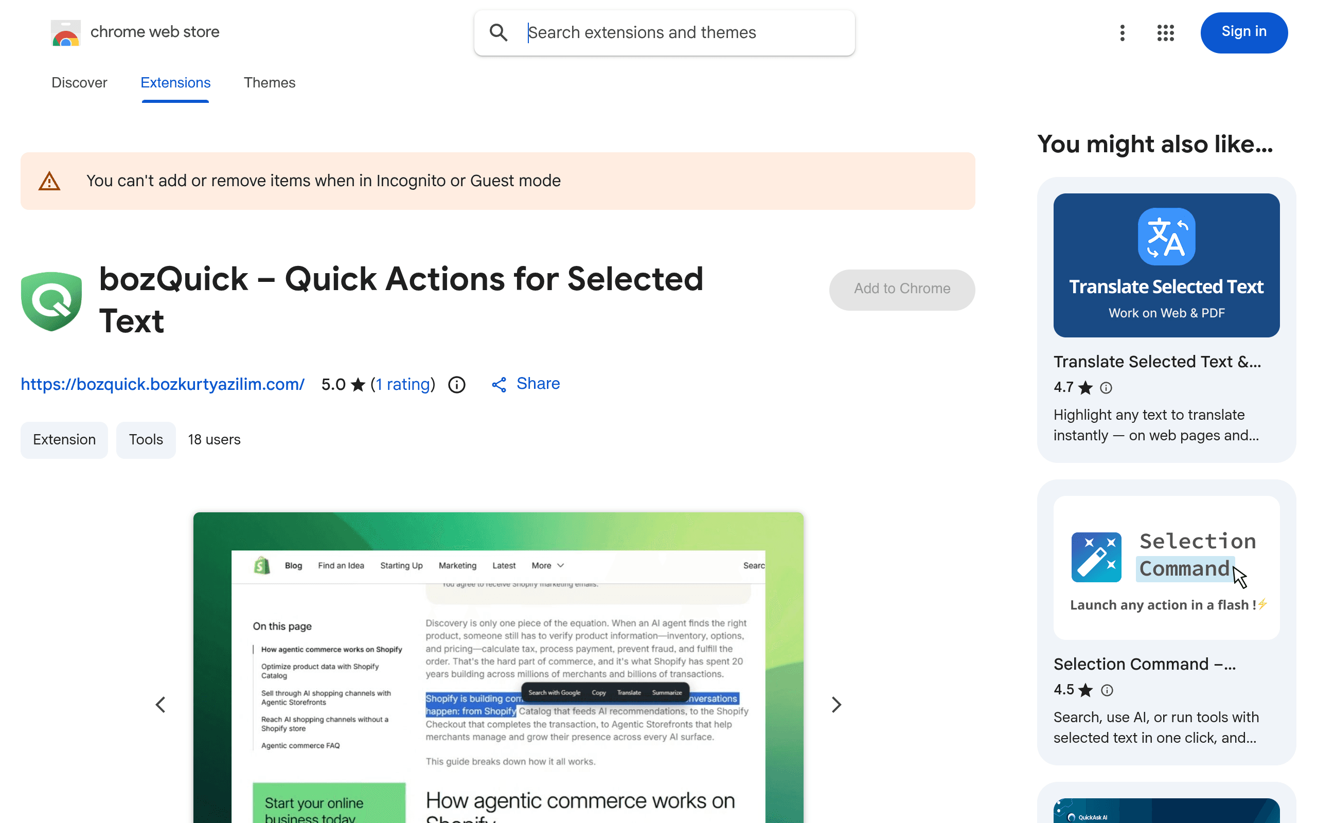 Screenshot of bozQuick – Selected Text Quick Actions