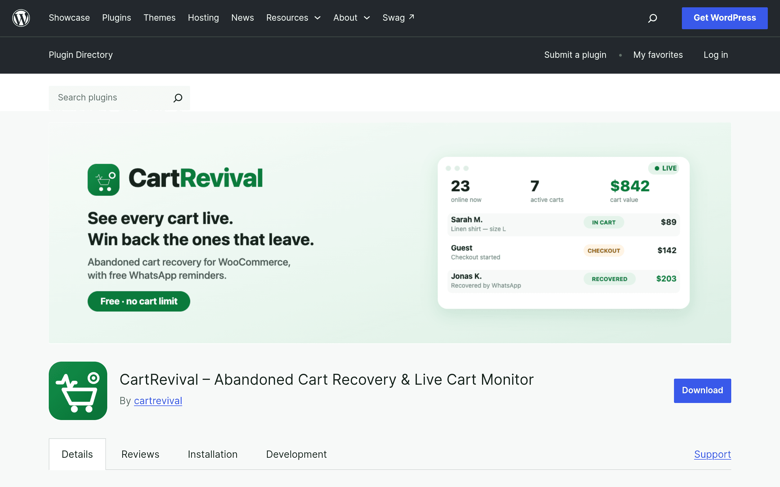 Screenshot of CartRevival – Abandoned Cart Recovery & Live Cart Monitor