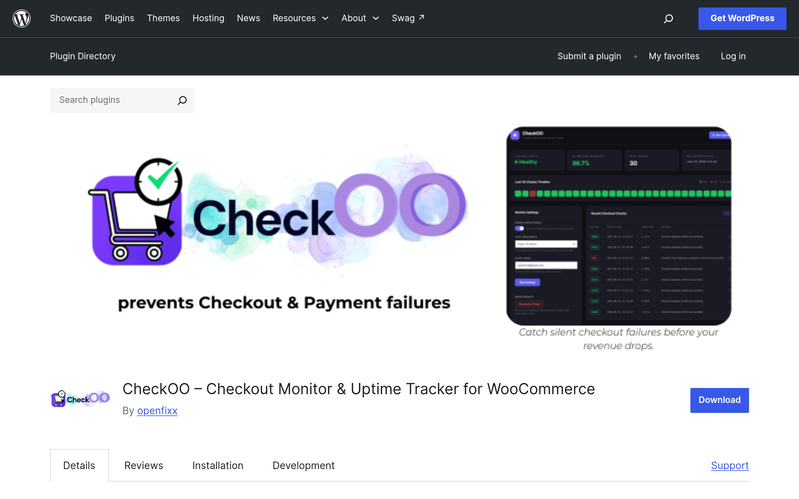 Screenshot of CheckOO – Checkout Monitor & Uptime Tracker for WooCommerce