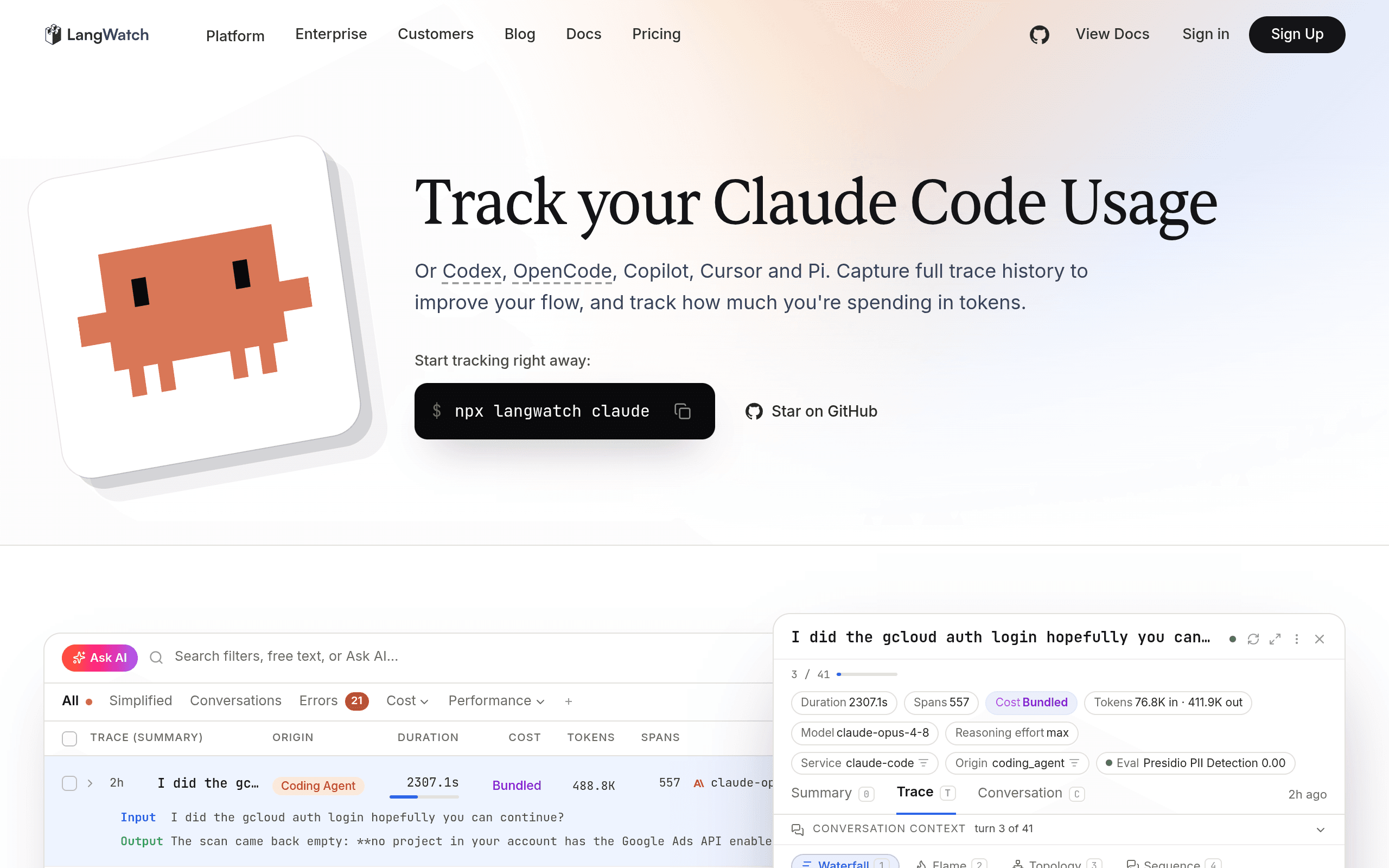 Screenshot of Claude Code usage tracking by LangWatch