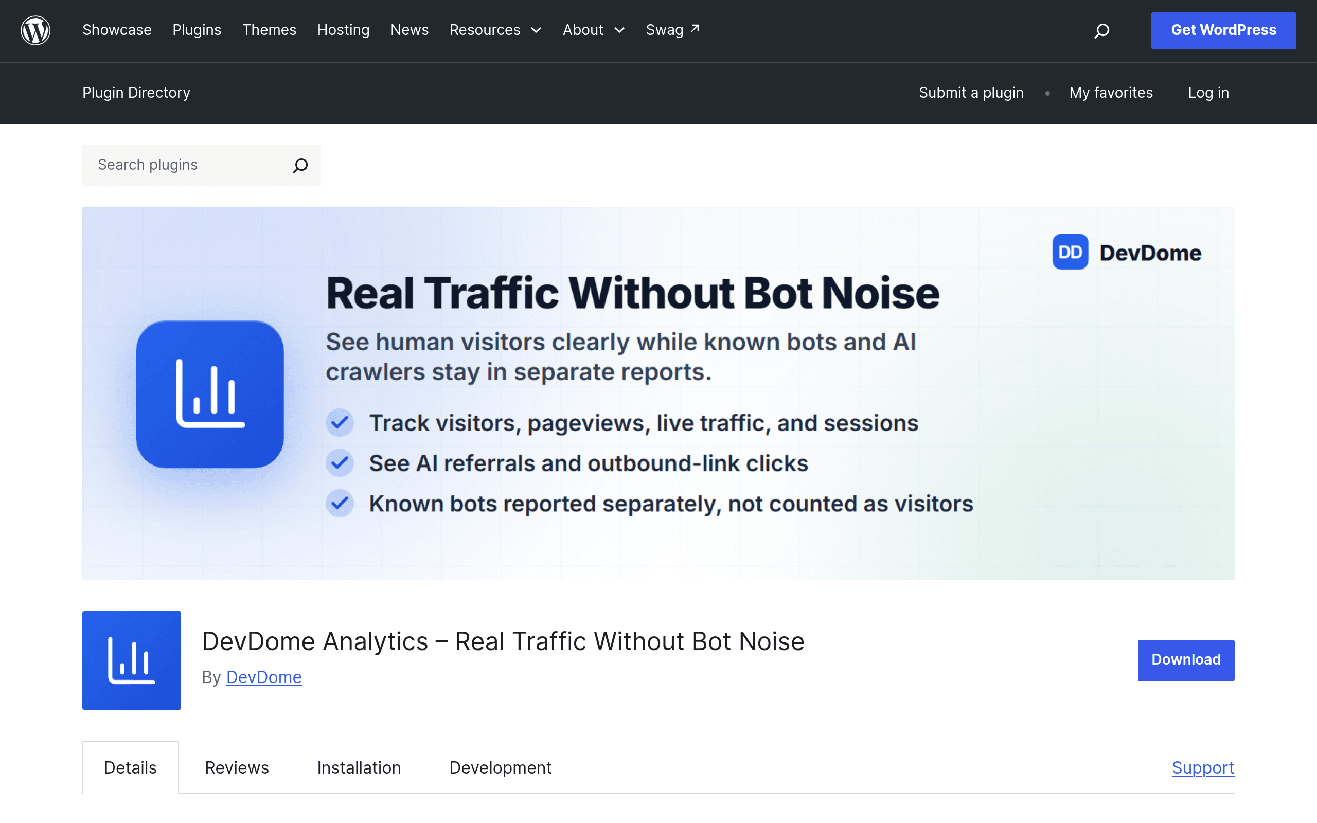 Screenshot of DevDome Analytics – Real Traffic Without Bot Noise