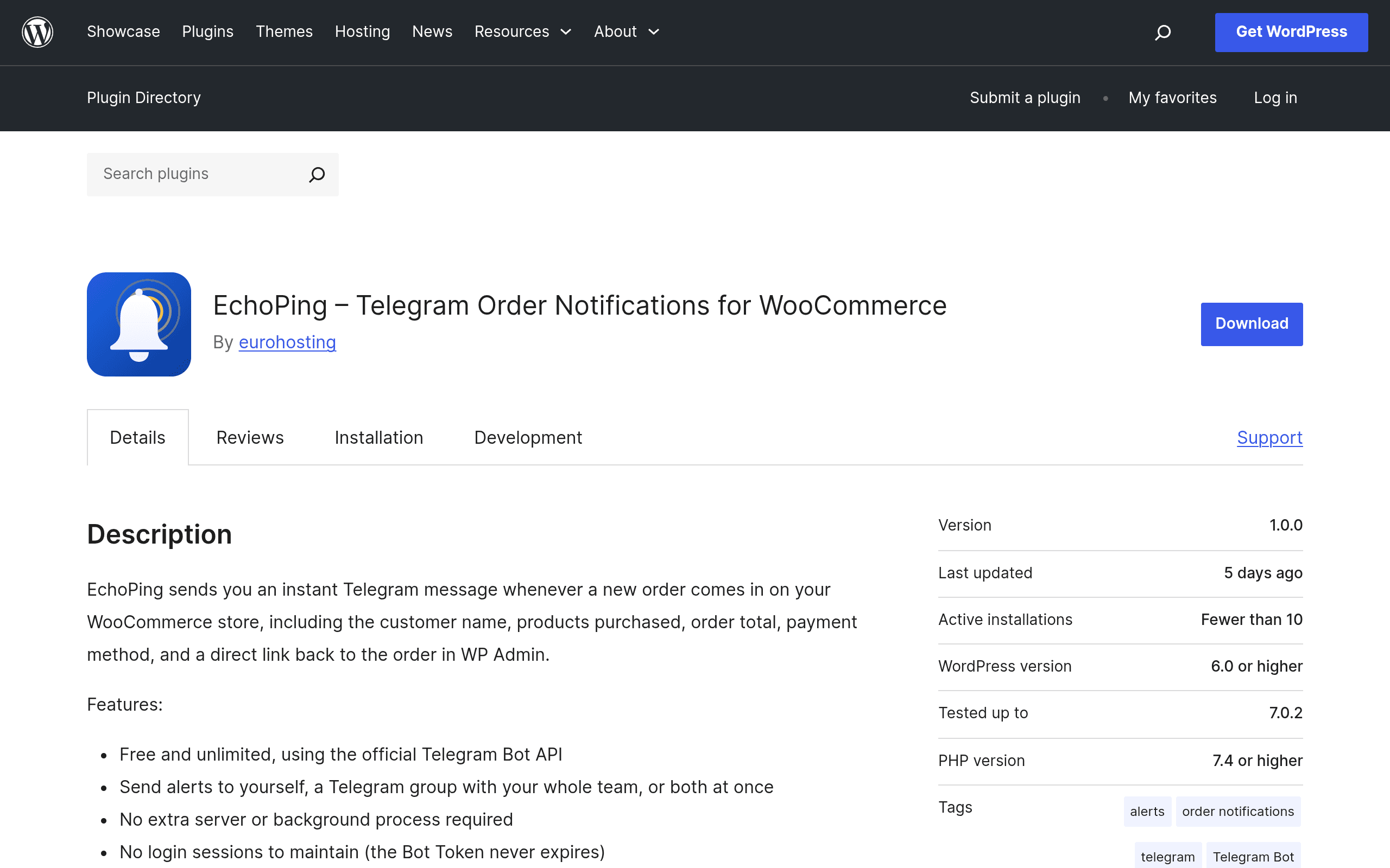Screenshot of EchoPing – Telegram Order Notifications for WooCommerce
