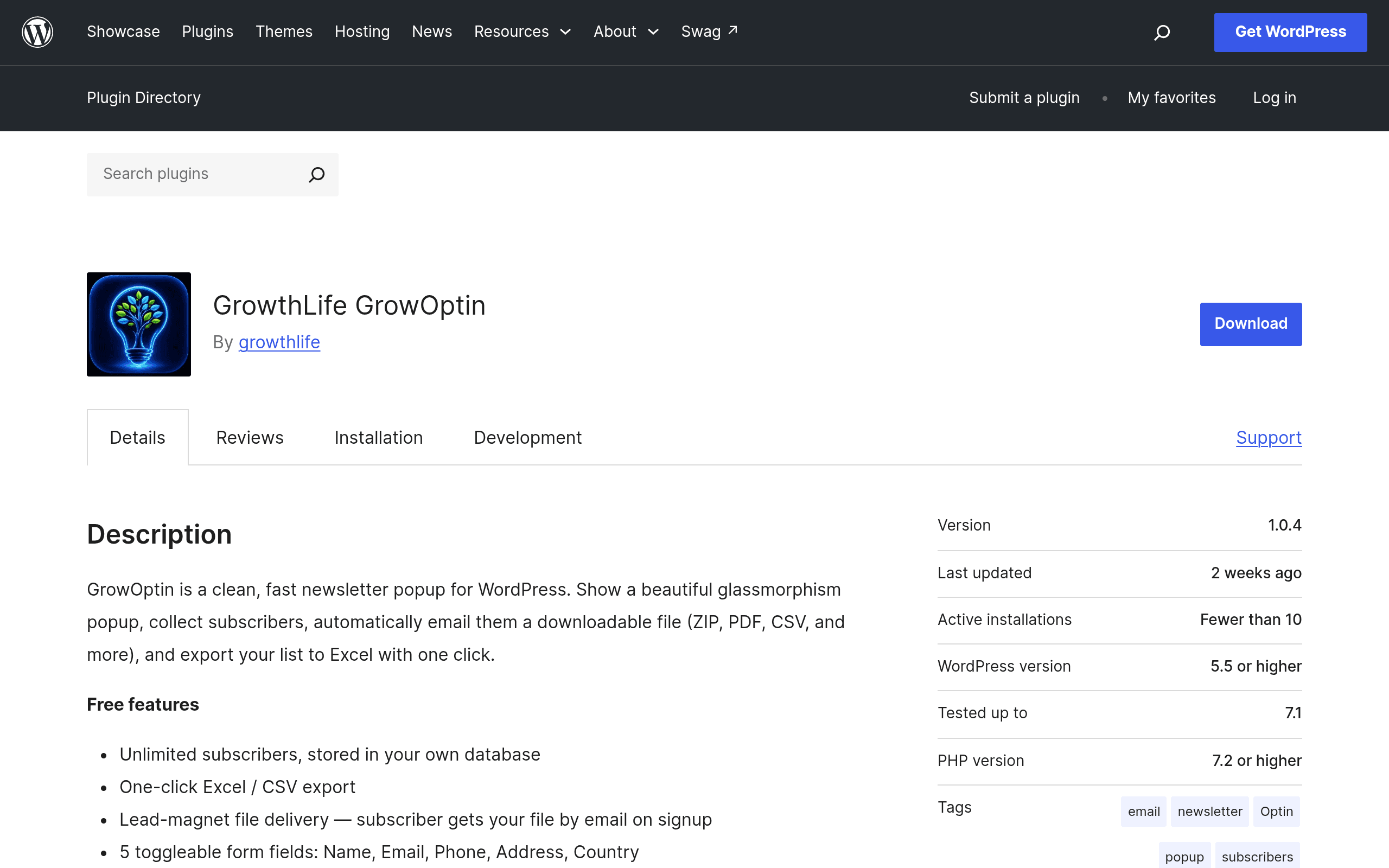 Screenshot of GrowthLife GrowOptin