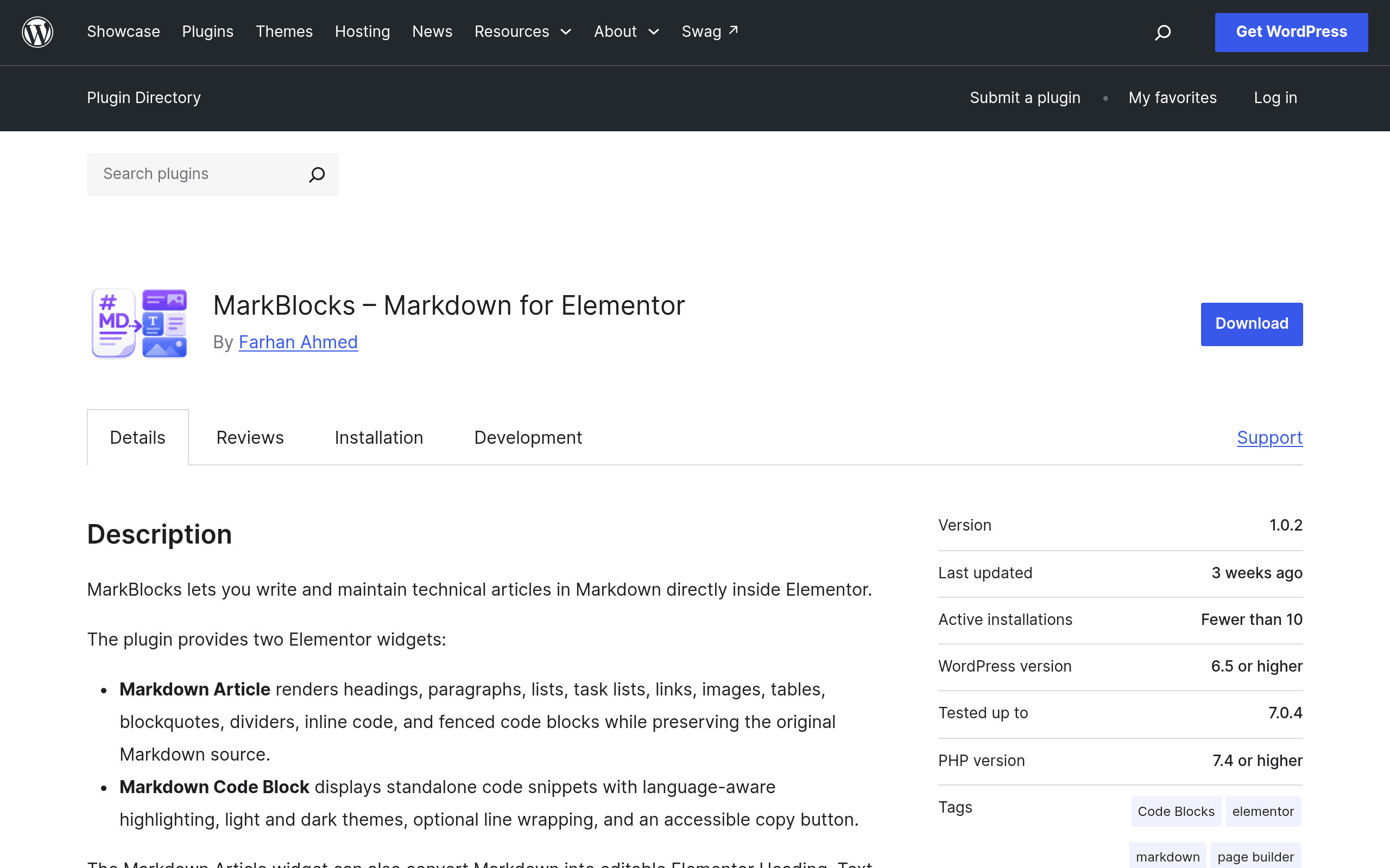 Screenshot of MarkBlocks – Markdown for Elementor
