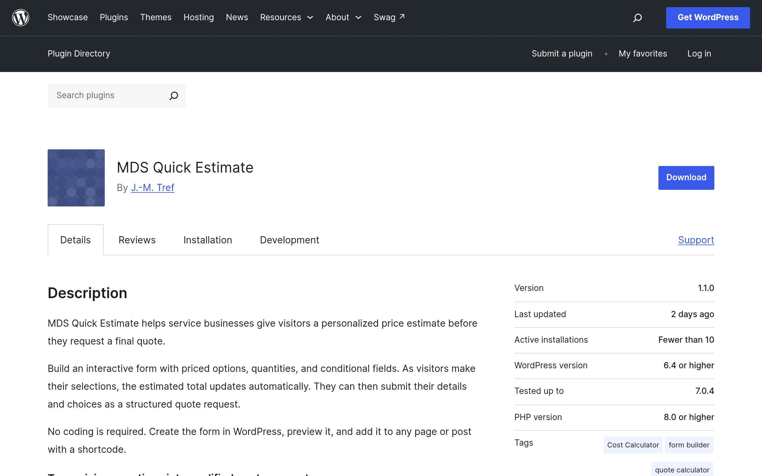 Screenshot of MDS Quick Estimate