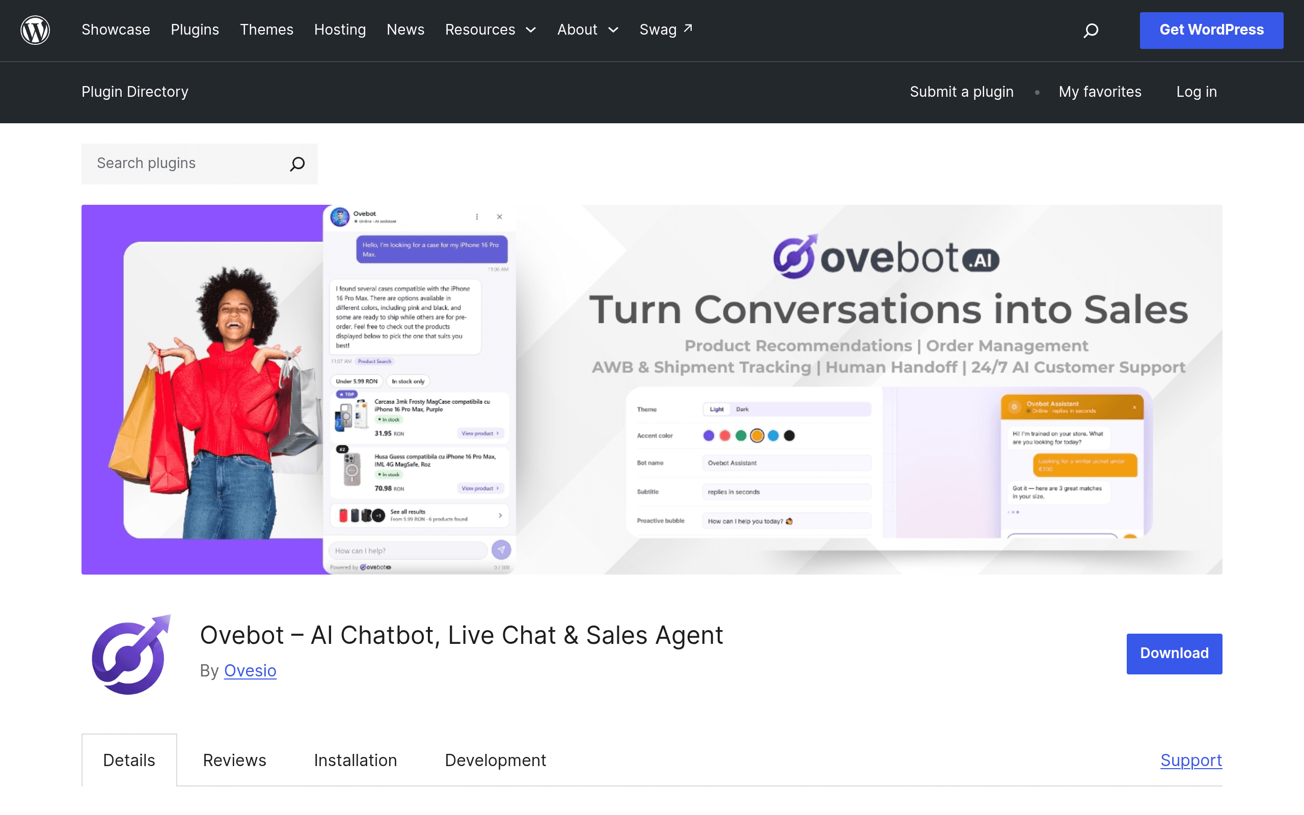 Screenshot of Ovebot – AI Chatbot & Sales Agent