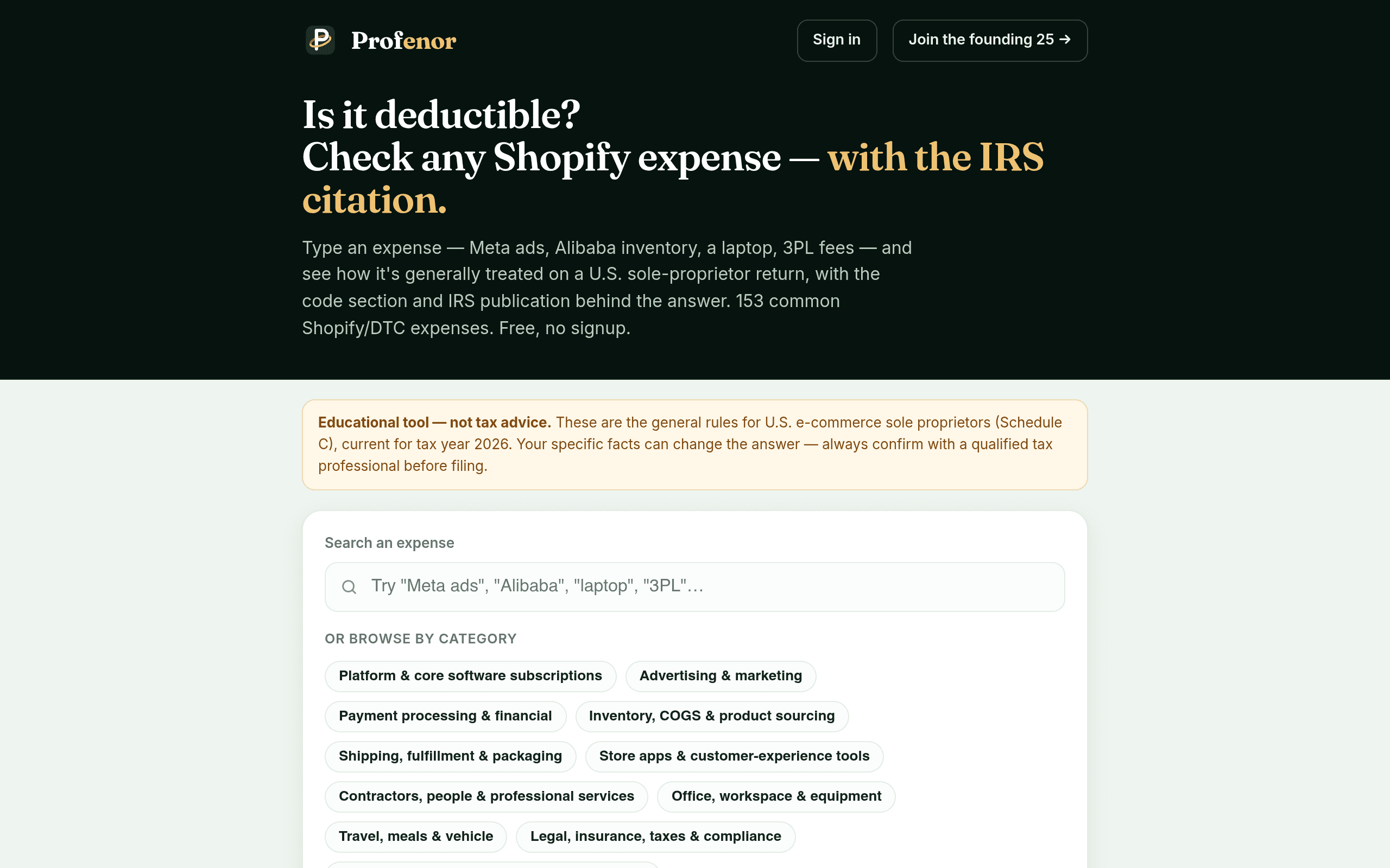 Screenshot of Profenor Deduction Checker