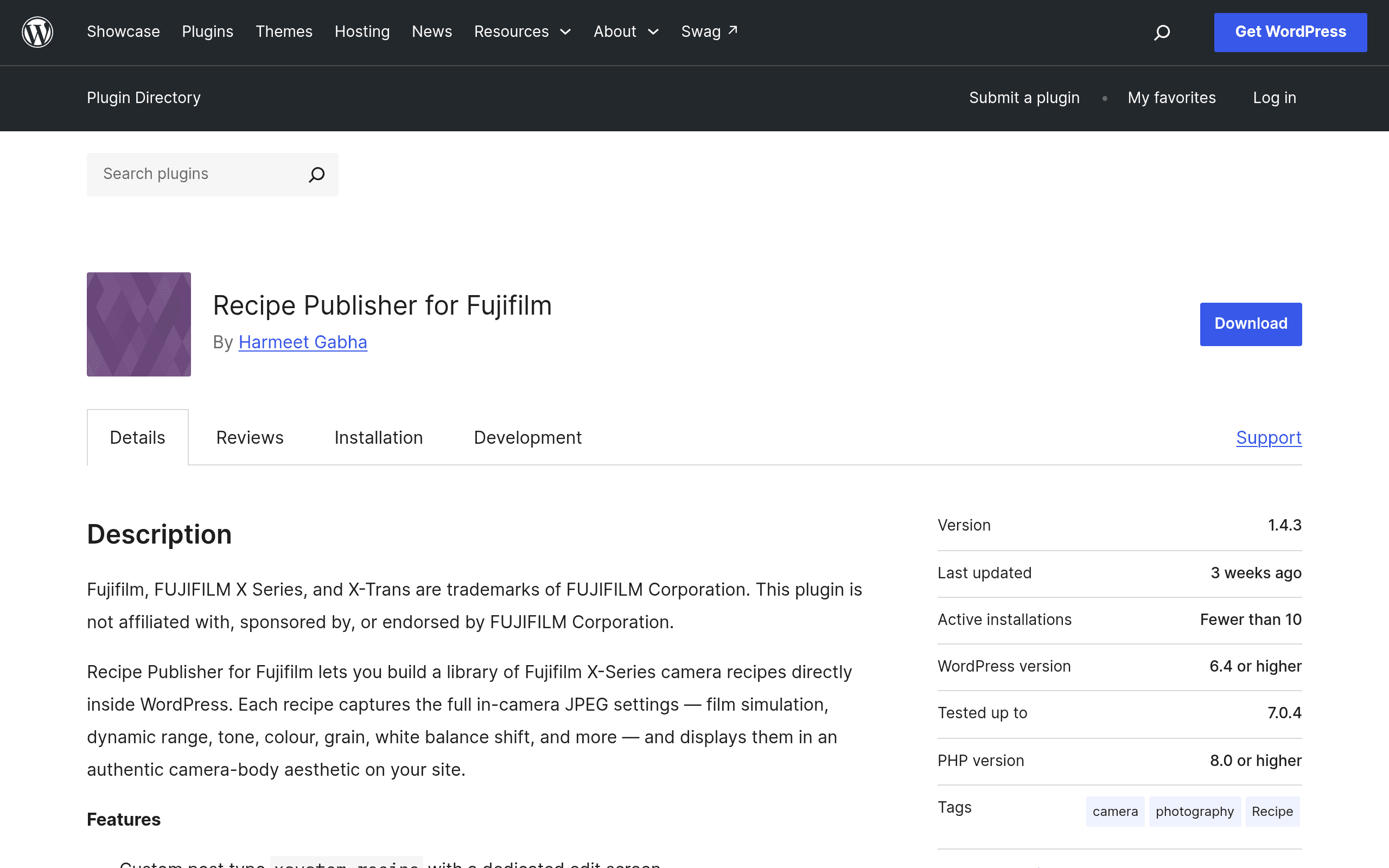 Screenshot of Recipe Publisher for Fujifilm