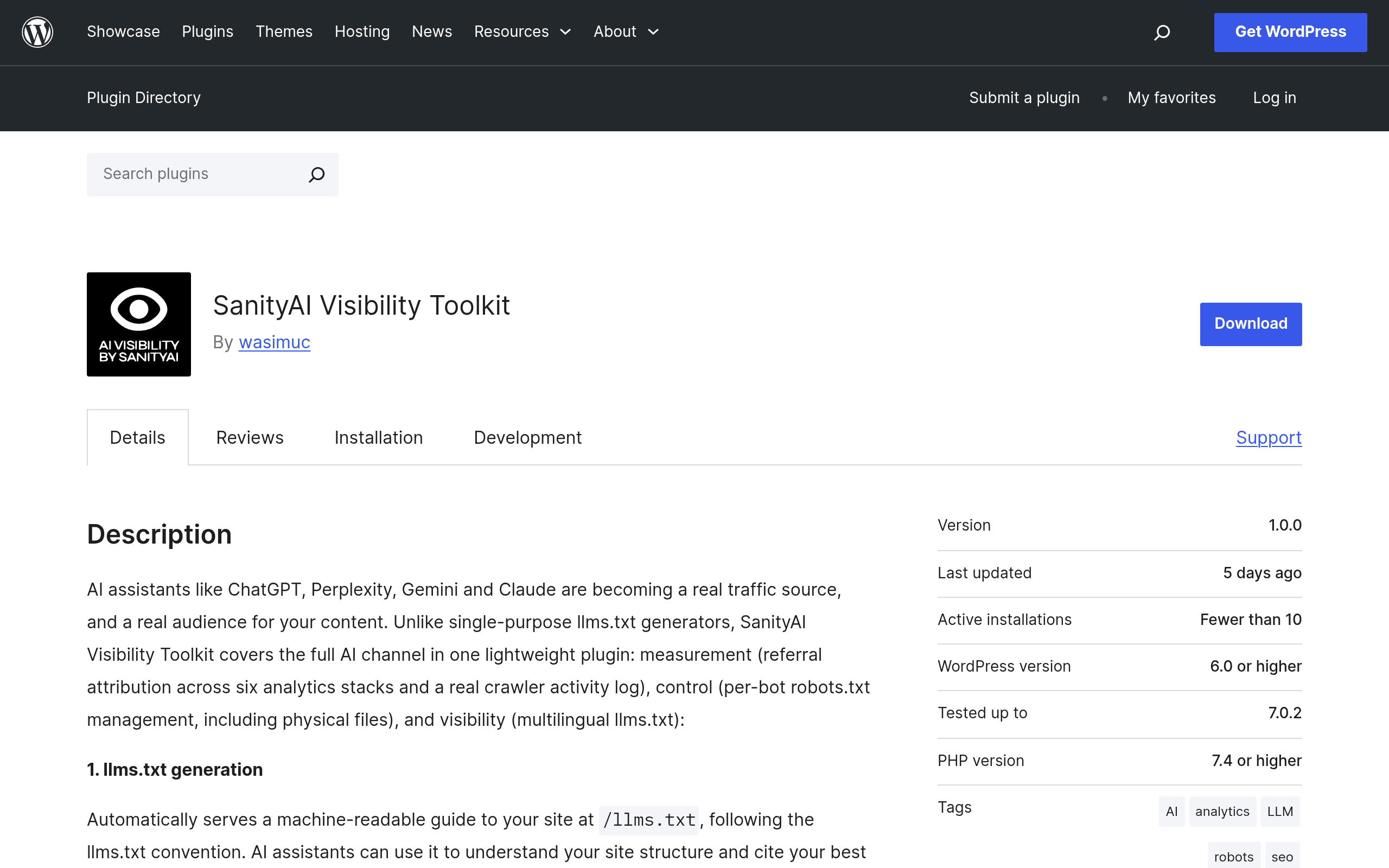Screenshot of SanityAI Visibility Toolkit