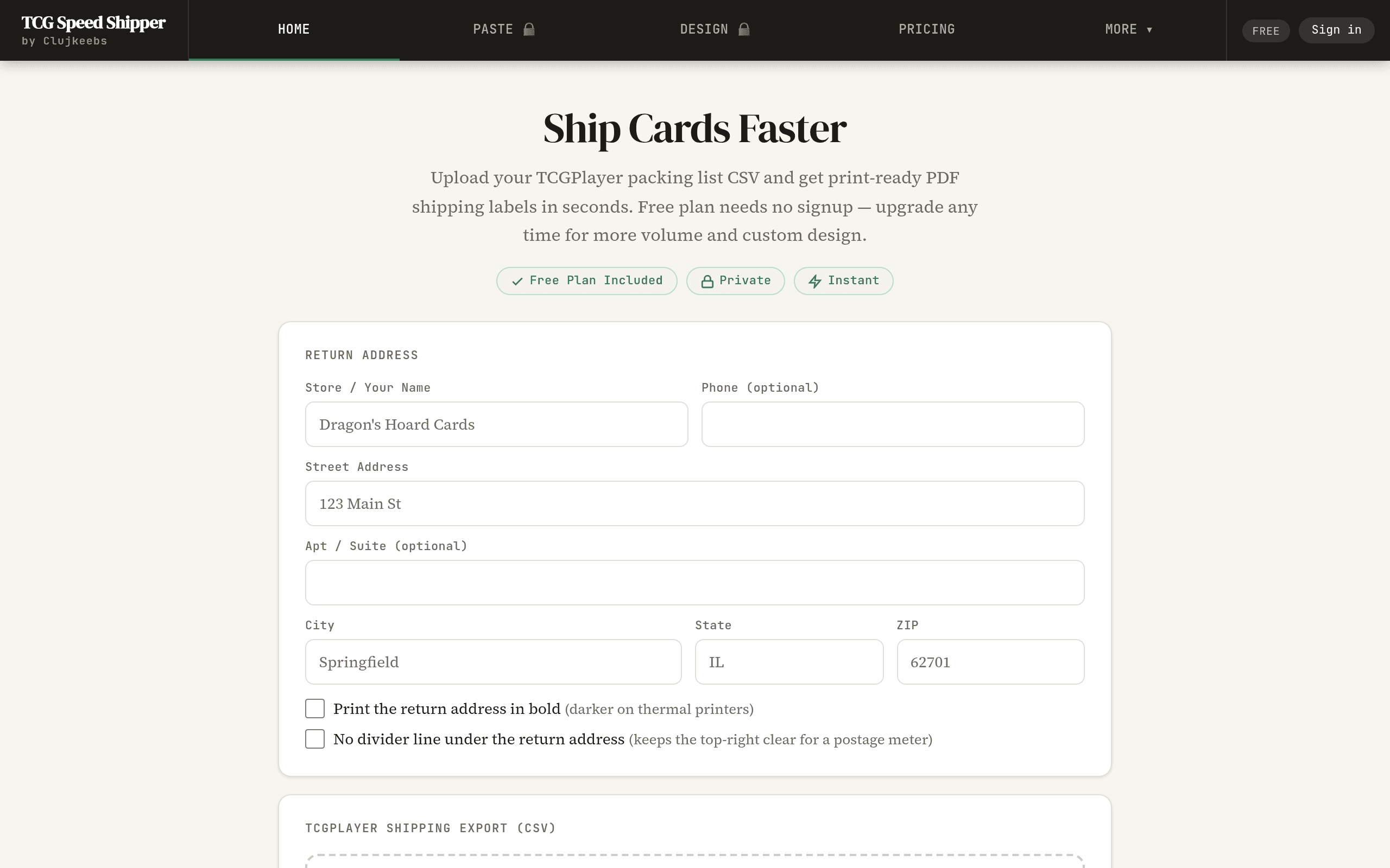 Screenshot of TCG Speed Shipper